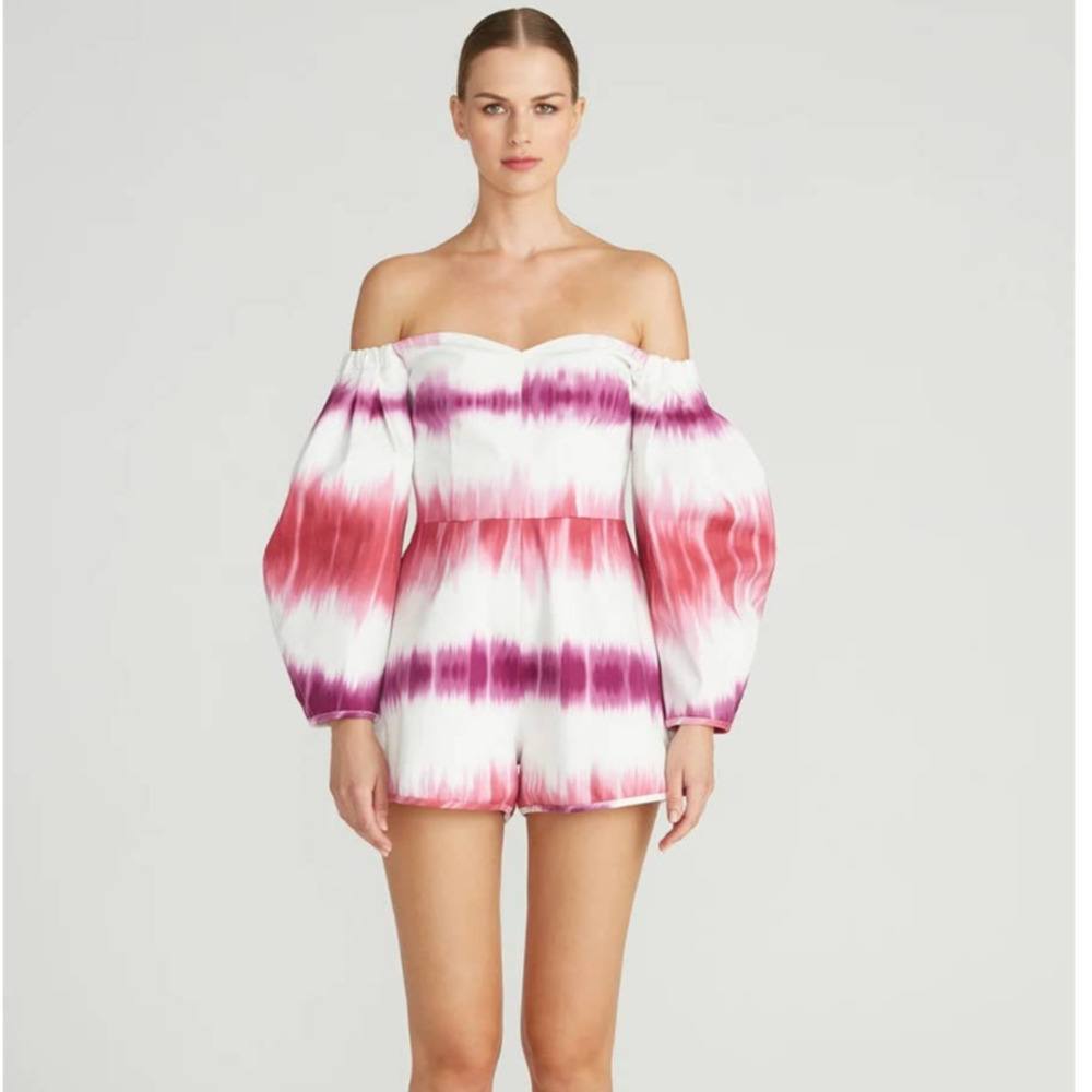 AMUR Revolve Ariadne Off Shoulder Romper In Barberry Tie Dye Stripe 8 New